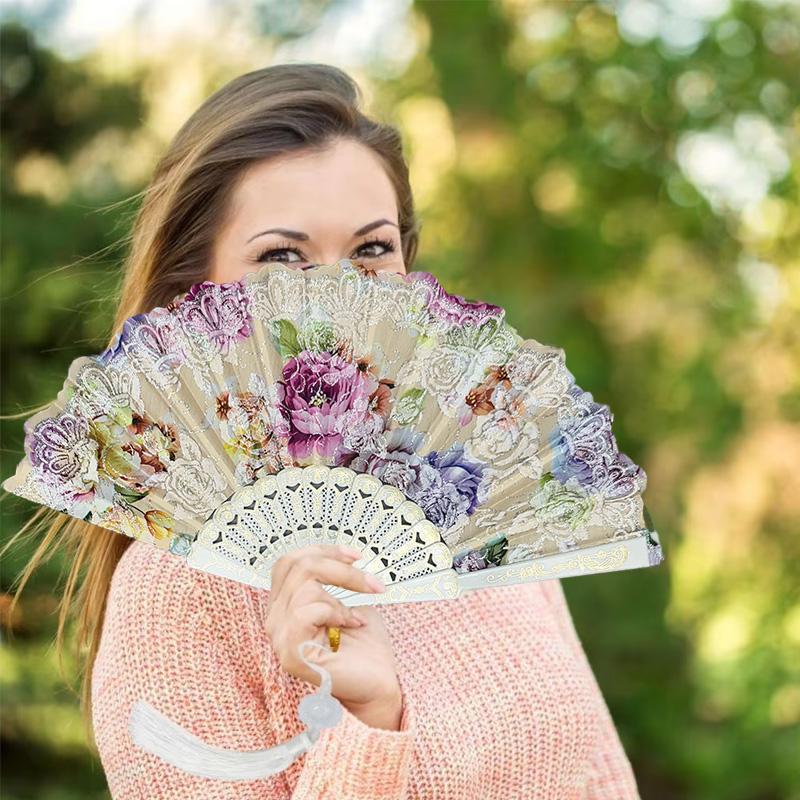 1PC Silk Fan Decoration Fans Floral Pattern Dance Tassel Vintage Folding Fan Hand Fan
