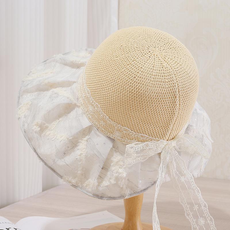 Strohhut mit Spitze und Schleife für Damen, Sommer, atmungsaktiv, mit großer Krempe, Sonnenschutzhut, für Ausflüge an der Küste, Strandhut