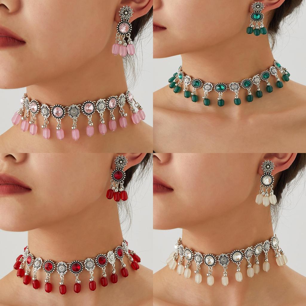 Ethnic Style Vintage Necklace Set With Water Diamond Pendant For Women