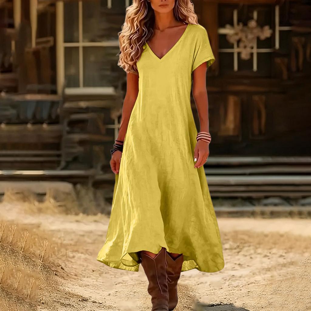 Fashion Women's Color V-neck Long Dress Loose