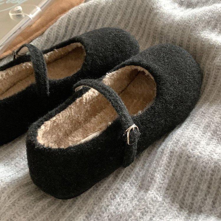 Wear Small Fragrant Wind Fluffy Shoes Female Flat Woolen Mary Jane Velvet Evening Wind Skirt Fairy Ballet Fluffy Shoes