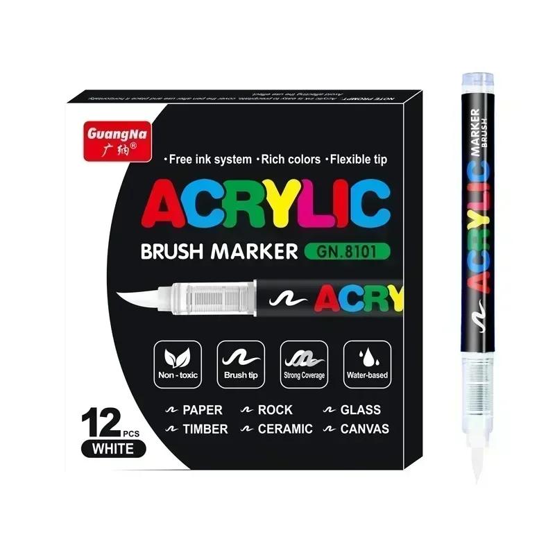 GUANGNA 168-12 Colors Acrylic Marker Pen for Rock Painting Brush Tip Paint Marker Christmas Markers Waterproof Art Supplies