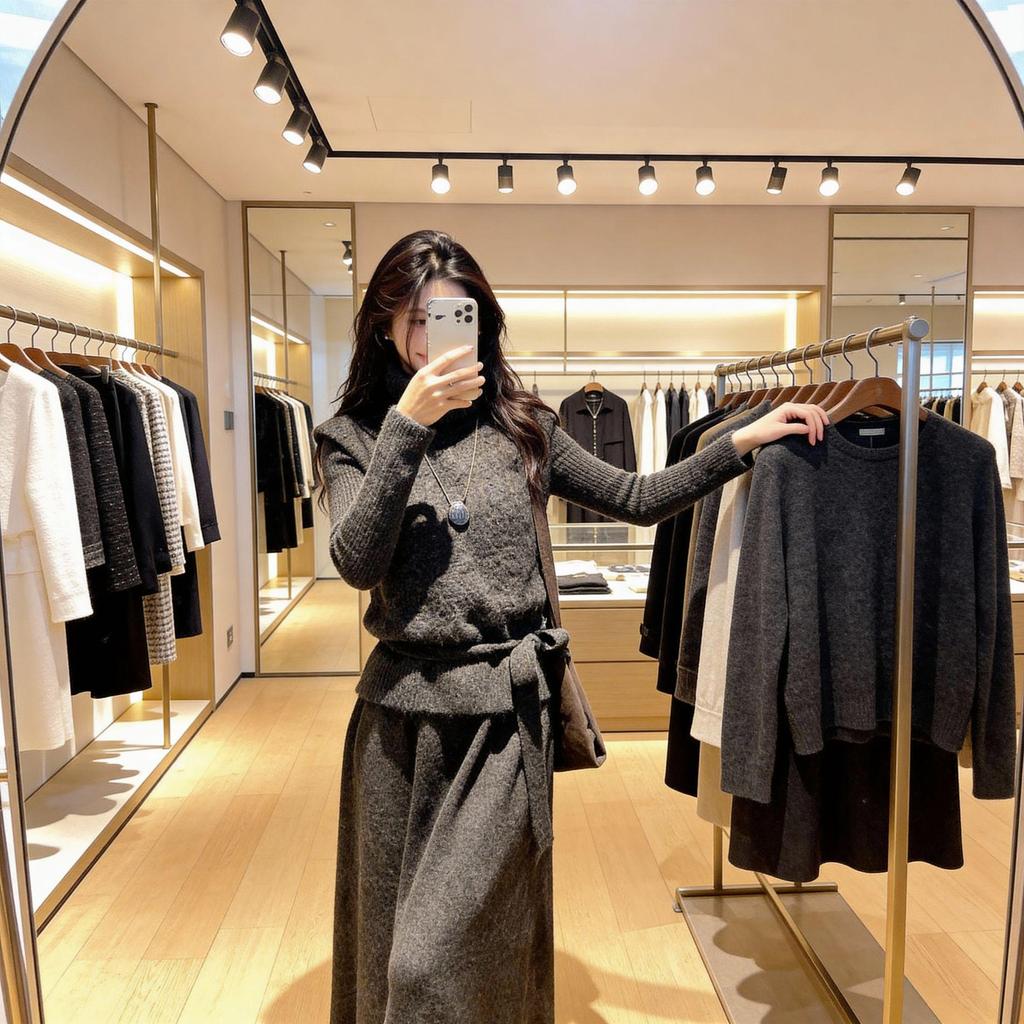 Korean Style Winter Knit Skirt Set: High Neck Fluffy Sweater, Cable Knit Vest, and Skirt Trio