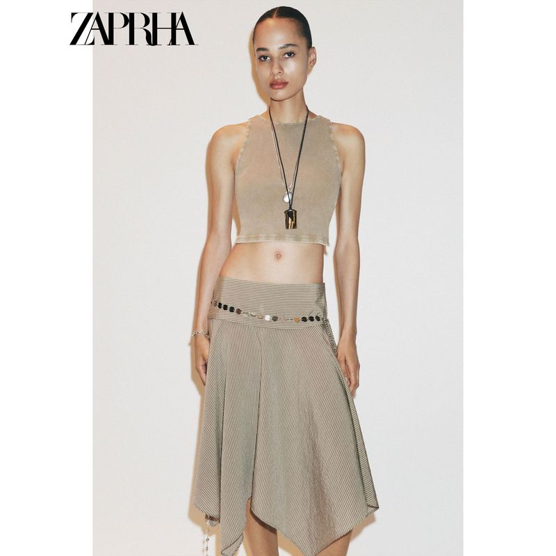 Zaprha 2025 Summer New Gyaru Style Stripe Belt Asymmetric Mid Waist Midi Skirt 6929500