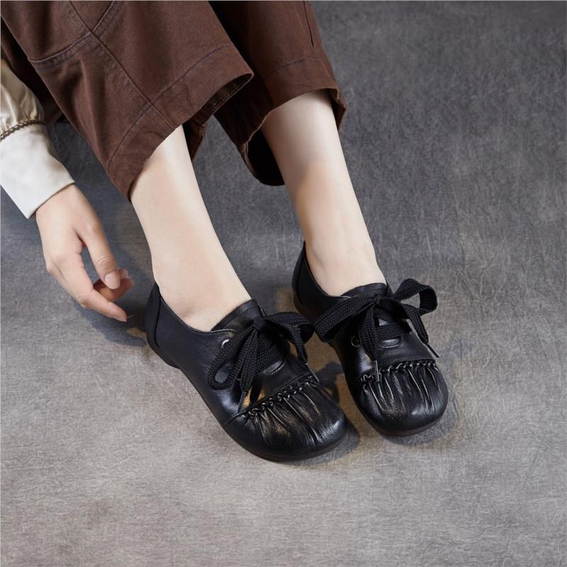Johnature Handgefertigte Retro-Damen-Schuhe aus echtem Leder mit weicher Sohle, bequeme Schnürschuhe mit Falten und niedrigem Absatz