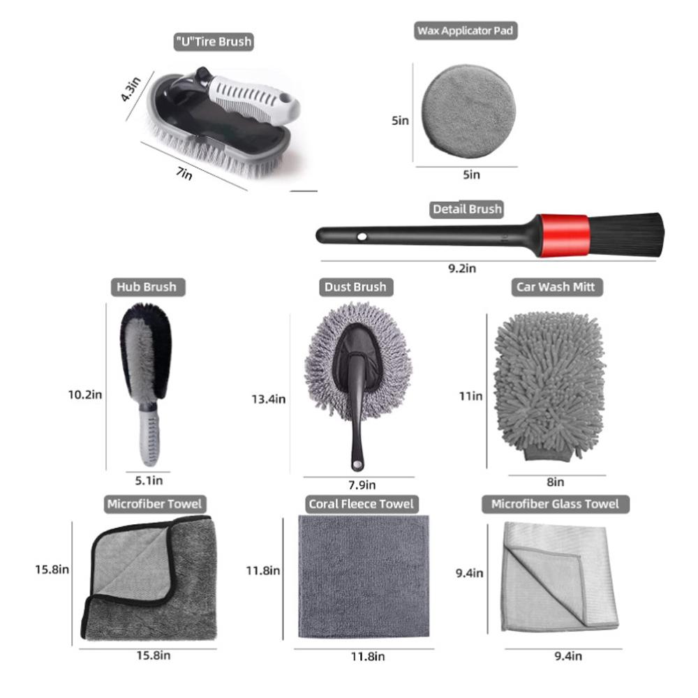 

10PCS Car Wash Cleaning Tools Kit Automobile Detailing Brush Dash Duster Brush Washing Mitt Towels Tire Hub Brush Wax серый