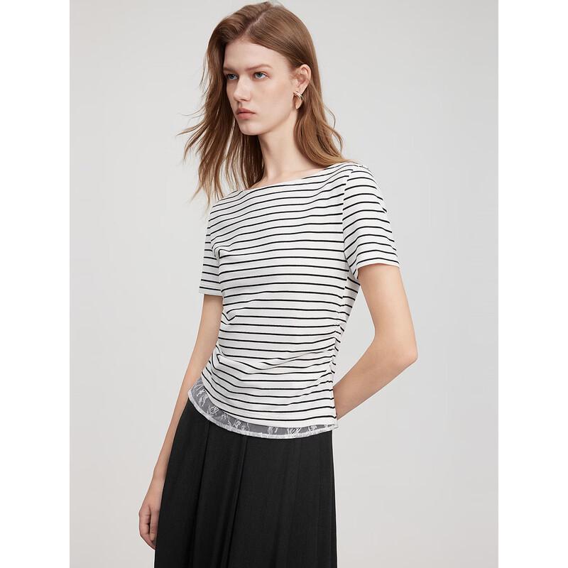 ELLE Striped Lace Patchwork Short Sleeve T-Shirt