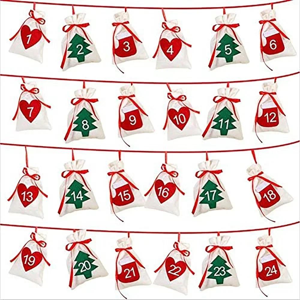 

24PCS Festive Drawstring Pouch Christmas Party Favor Bag with Number Tags Felt Advent Calendar Countdown Decoration