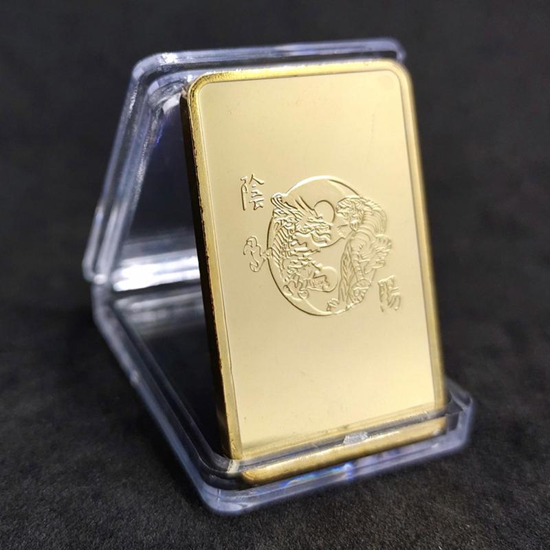 Čínský vítr Země Dragon Gold Bar Pamětní mince Yin Yang Dragon Tiger Square Mince pozlacený zlatý pruh