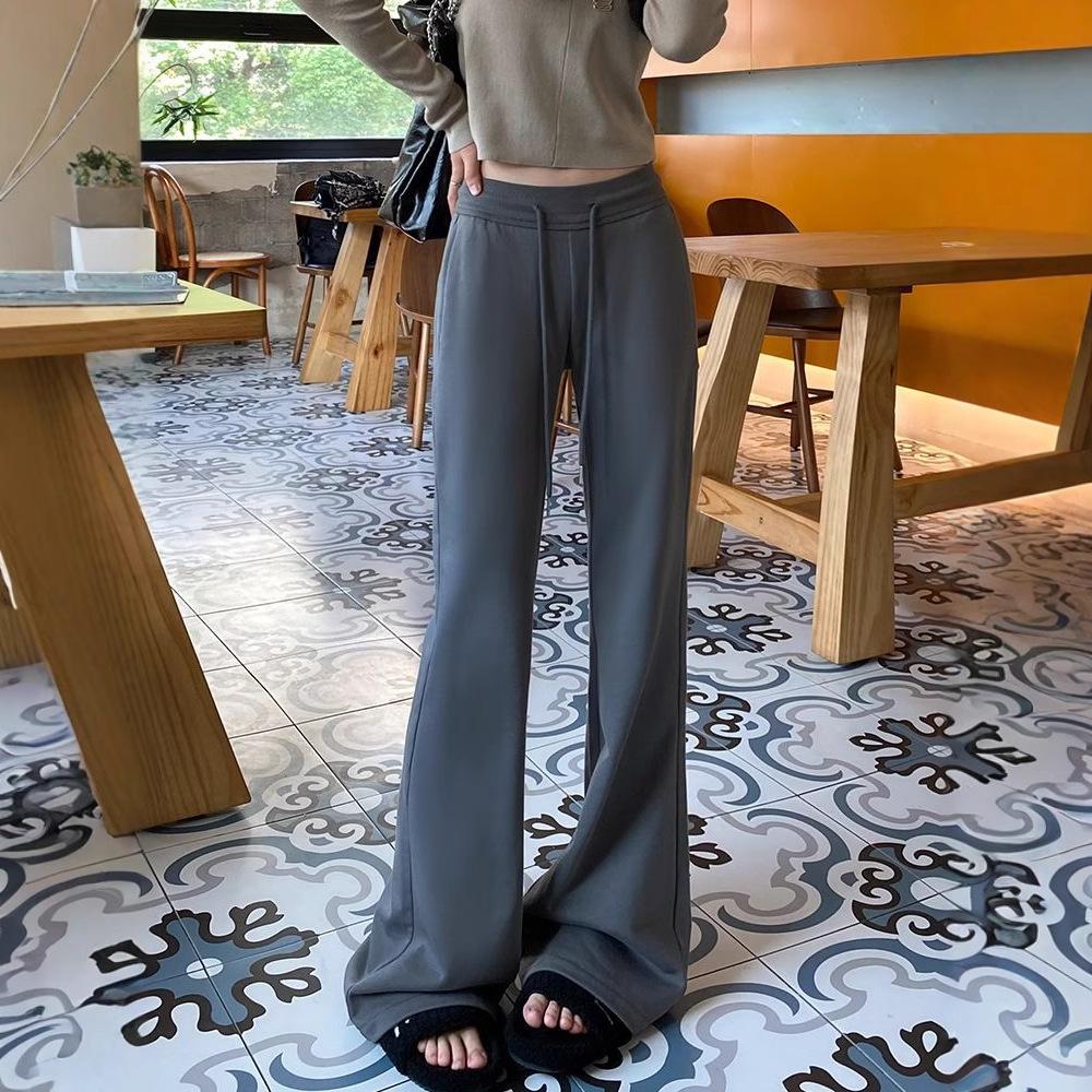 Women's Gray Low-Waist Flare Pants - 2025 Spring Drawstring Casual Slimming Straight Leg Trousers