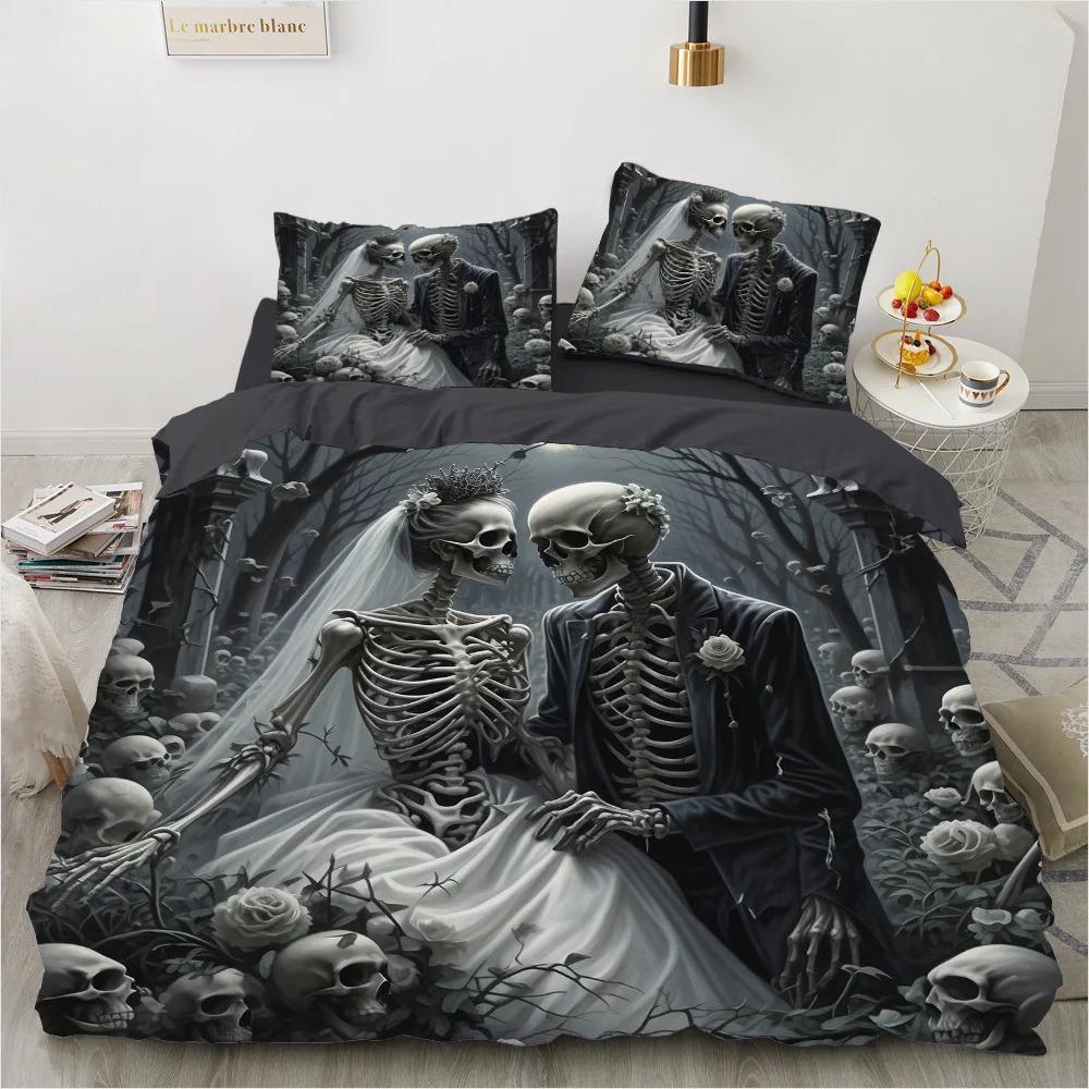 Skull Rose Duvet Cover Set, Gothic Skeleton Bedding Set, Soft Microfiber Quilt Cover Pillowcase, King Queen Size