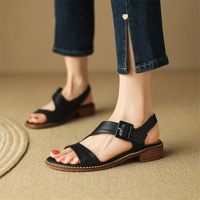Fashion New Genuine Leather Summer Sandals Women Round Toe Shoes Chunky Heel Open Toe Back Strap Sandals for Women Cow Leather Sandals
