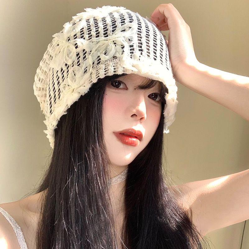 Women's Stylish 3D Floral Korean Style Hollow Slouchy Niche Hat Thin Breathable Large Head Circumference Head Wrap Cap