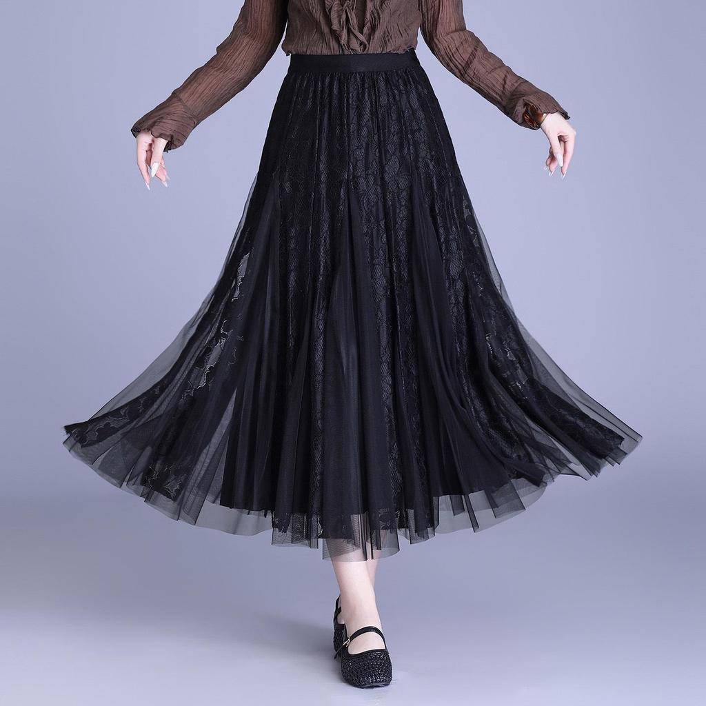 A-line Midi Skirt: High Waist Mesh Lace Patchwork for Women - Spring/Summer 2026