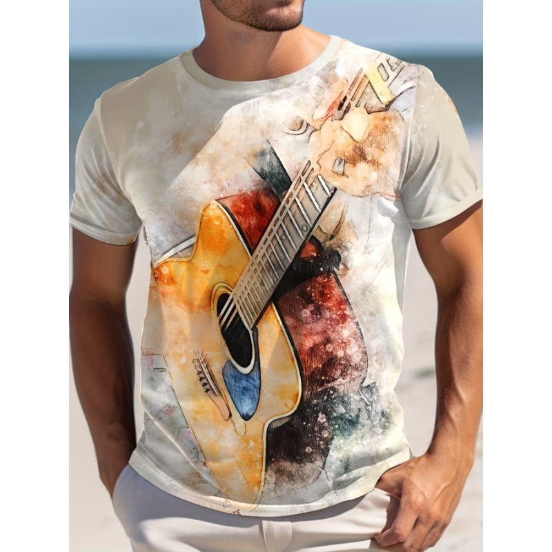 Men's Vintage Acoustic Guitar Print T-Shirt Short Sleeve Crew Neck Artistic Music Graphic Tee For Rock Band Fans And Guitarist Gift Idea