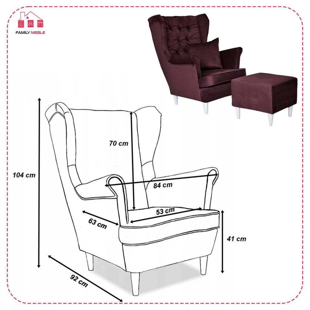 Gaja Wing Chair with Footrest Scandinavian Family Meble Burgundy Velvet
