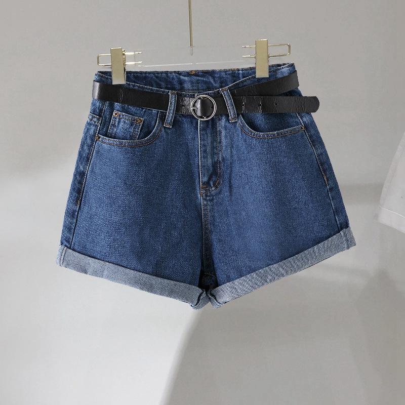 Pantaloni scurți din denim cu model clasic și minimalist, versatil, pentru femei, talie înaltă, vară, secțiune subțire, largi, cu picior larg, margine rulată, un cuvânt, individualitate