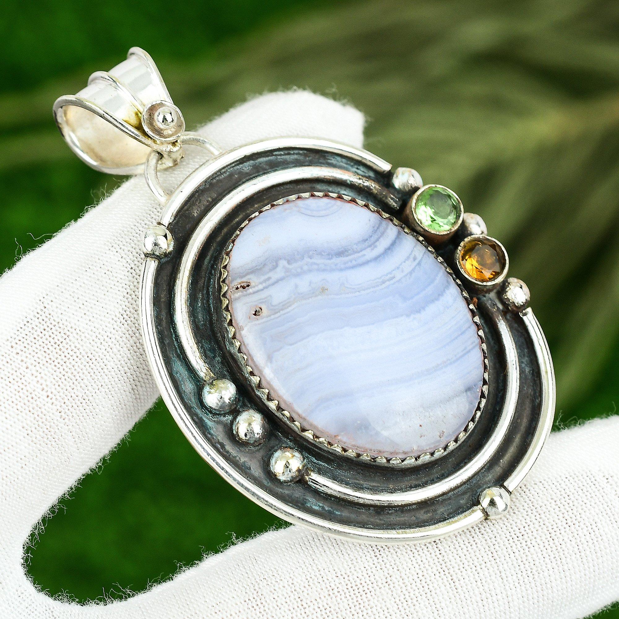 

Friendship Day Sale Oval Natural Blue Lace Agate Citrine Pendant Sterling Silver