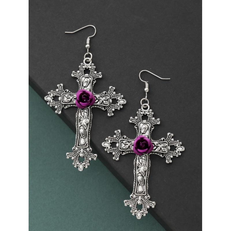 Gothic Dark Rose Cross Earrings Pendant with High-end Aesthetic