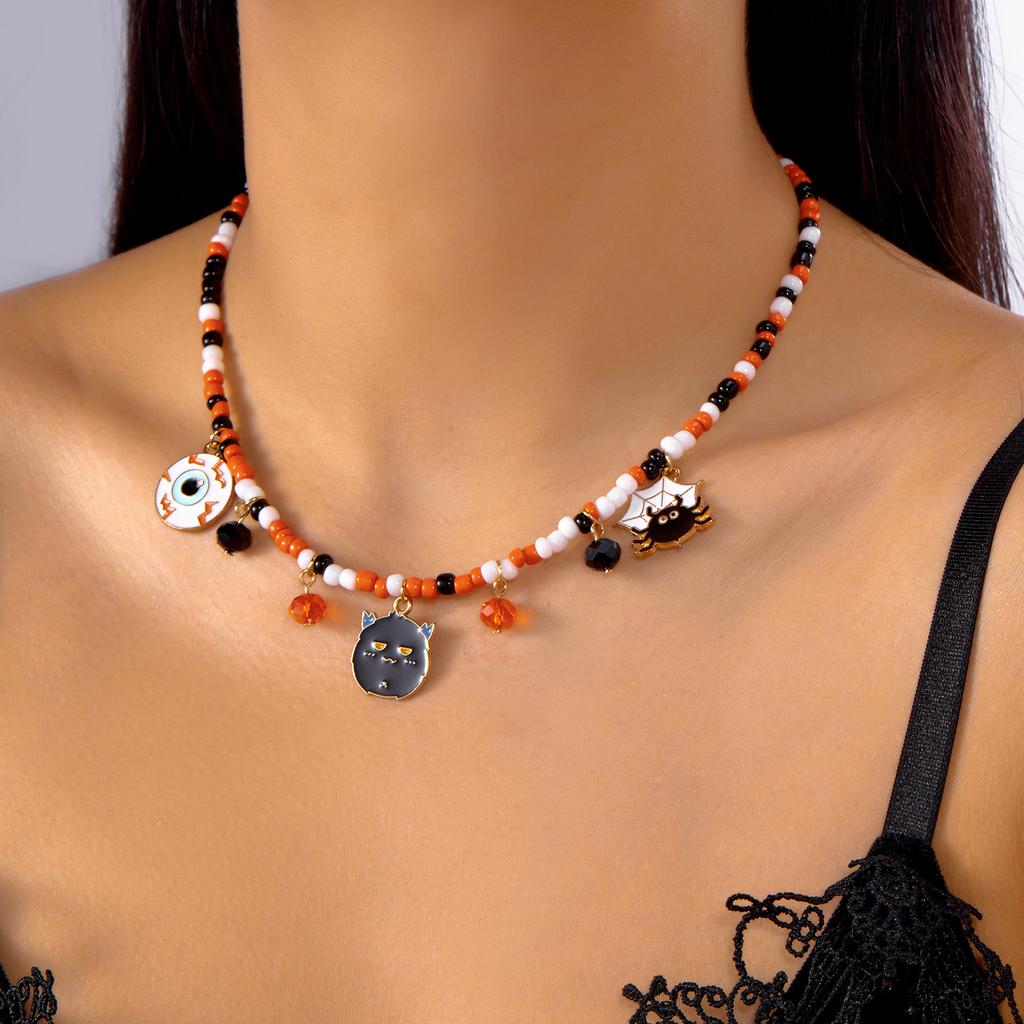 Halloween Colorful Rice Beads Chain Necklace for Women Men Black Cat Spider Bat Pumpkin Ghost Pendant Choker Clavicle Jewelry