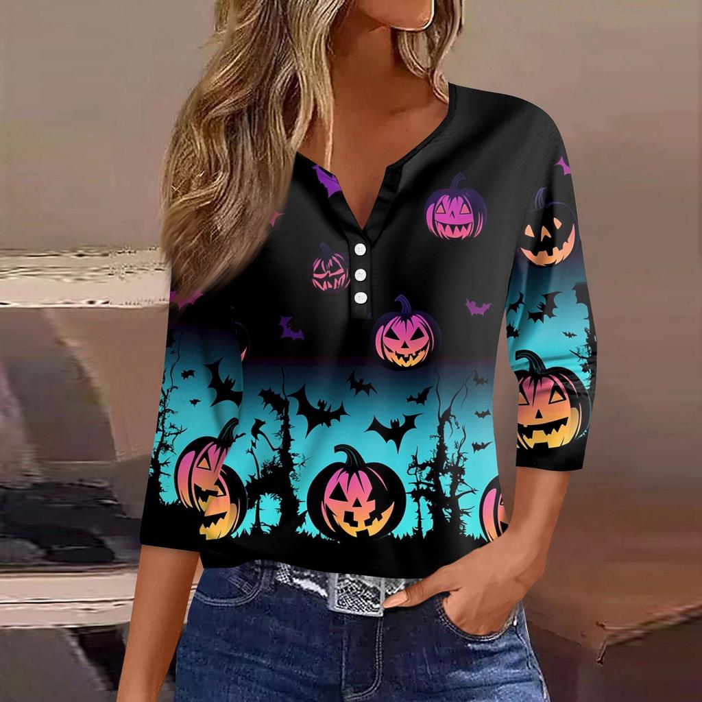 Dames T-shirt Tee Halloween Bedrukt Knoop 3/4 Mouw Tuniek Dagelijks Weekend Mode Basic V-hals Normale Top
