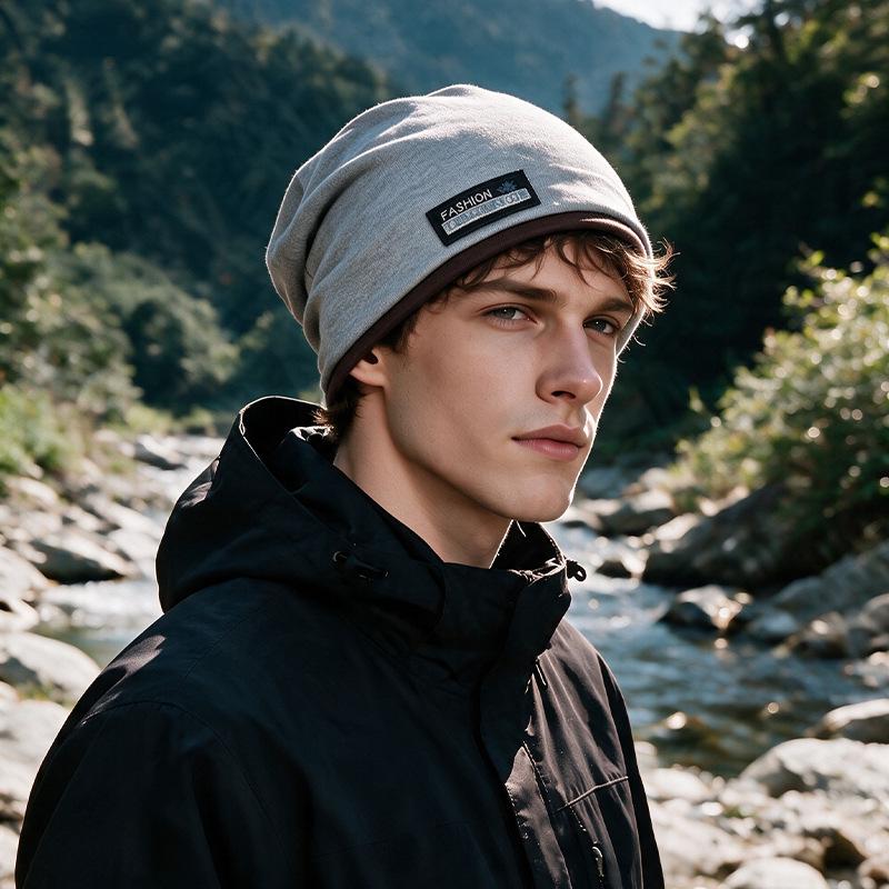 Unisex Korean-Style Double Layer Slouchy Beanie - Autumn/Winter Solid Color with Cloth Label