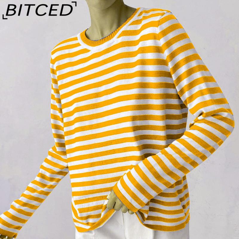 

BITCED Вязаный свитер с круглым вырезом в полоску Весенне-летний универсальный классический винтажный полосатый пуловер для женщин XXL жёлтый