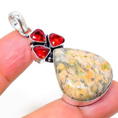 Natural Leopard Skin, Garnet Gemstone 925 Sterling Silver Pendant 1.97" k8U55