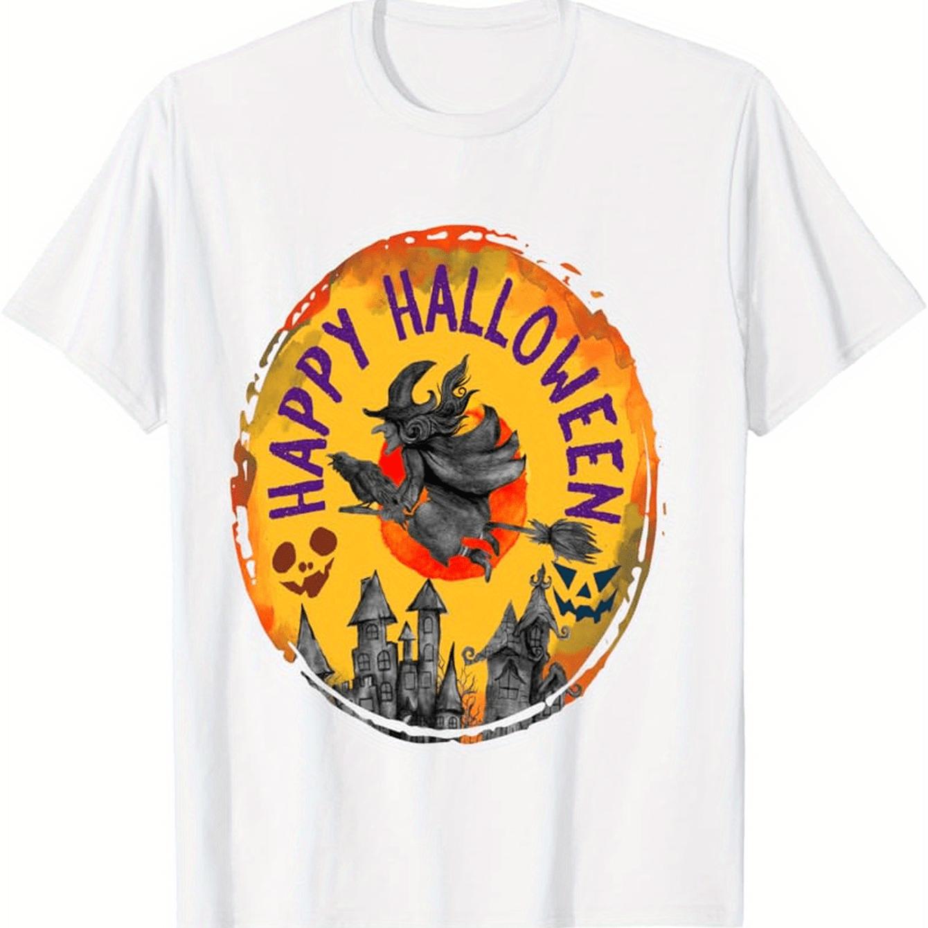 

Mens Womens Happy Halloween TShirt White with Black Witch Bats Haunted House Flying Broomstick Print Short Sleeve 3XL