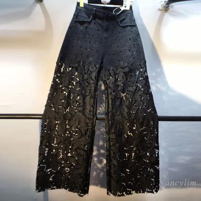 VIONA European Hollow Lace Jeans Women Summer New Black Lace Denim Pants Heavy Industry Beads Hot Diamond Denim Splicing Crochet