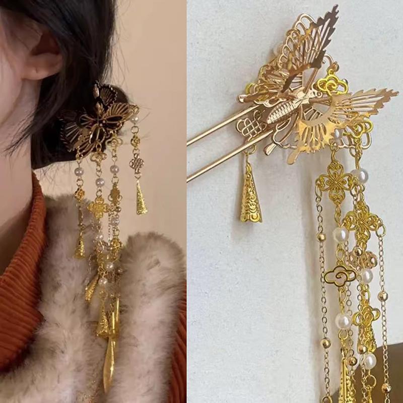Čínské vlasové doplňky Hanfu pro ženy, květinové střapce, vlasové vidličky, tradiční nevěsta, sponky do vlasů, vintage čelenka