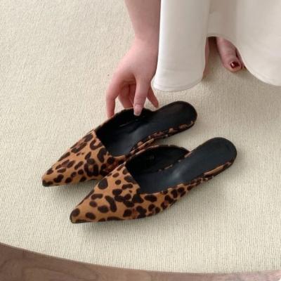Women Slippers Pointed Toe Leopard Design Shallow Slip On Thin Low Heels Black Flock Design Casual Mules Loafers Black Outdoor