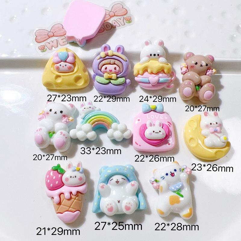 10Pcs New Cute Resin Mini Rabbit Bear Cake Rainbow Series Flat Back Manicure Parts Embellishments For Hair Bows Accessories