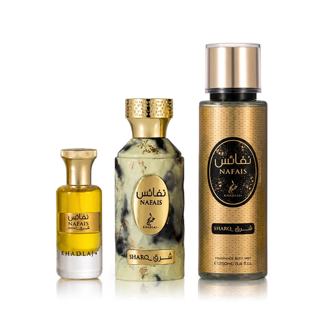 Khadlaj Nafais Sharq EDP 100 Ml + Perfumed Oil 24 Ml + Bodyspray 250 Ml (unisex)