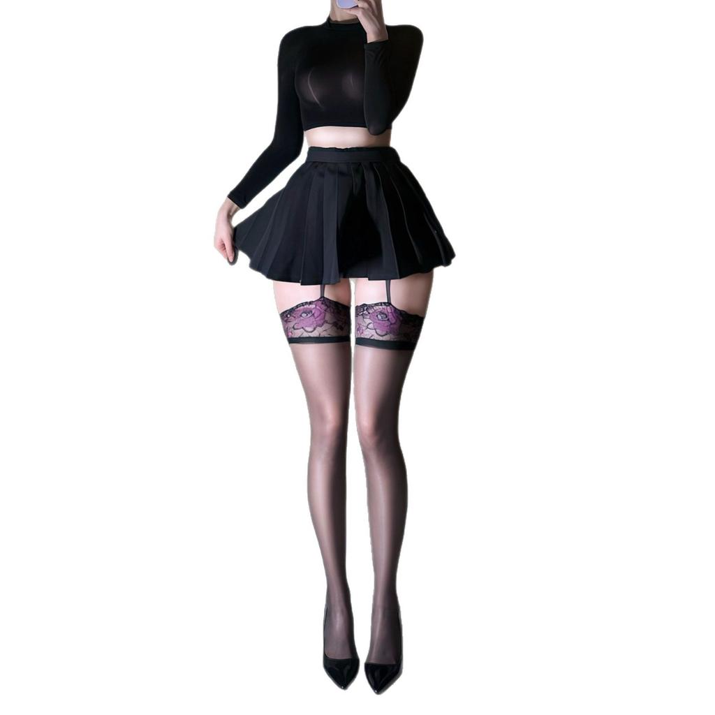 Aurora oily lace long tube suspenders stockings sexy pure sex stockings hollow thin jacquard women's socks