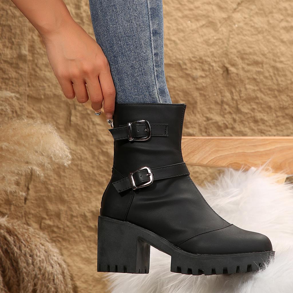 Fashion New Boots for Woman Double Buckle Decoration 2024 High Quality Back Zipper Solid Color Round Head Women's Ankle Booties