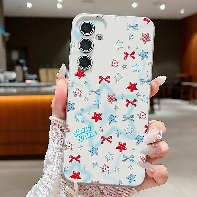 Blauer Stern Schleifen Muster Hülle Für Samsung Galaxy S25 Edge S24 Ultra S23 S22 Plus S21 FE S26 Ultra Lederstruktur Silikonhülle