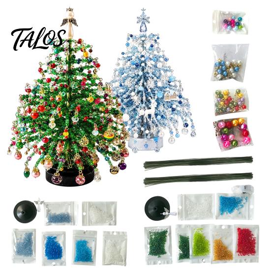 Beaded Christmas Tree Project 2 Pcs DIY Kit with LED Light, Handmade Mini Easy Assembly Craft for Beginners Faux Crystal Bead Art Craft, Sparkly