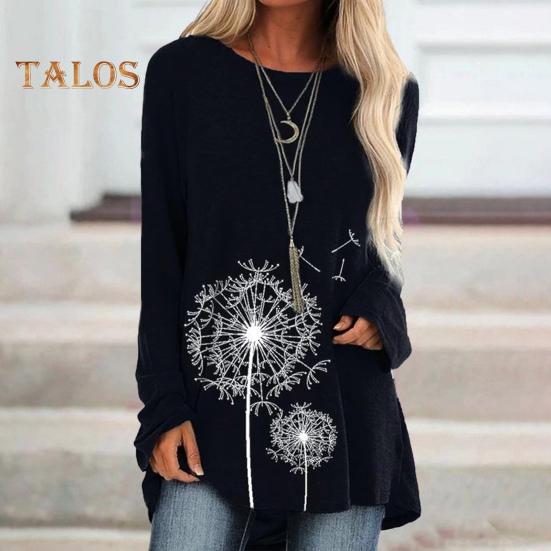 Tunique grande taille pour femme, imprimé pissenlit, chemise longue, col ras du cou, manches longues, pull-over, chemisier décontracté, coupe ample, pour le travail et la vie quotidienne