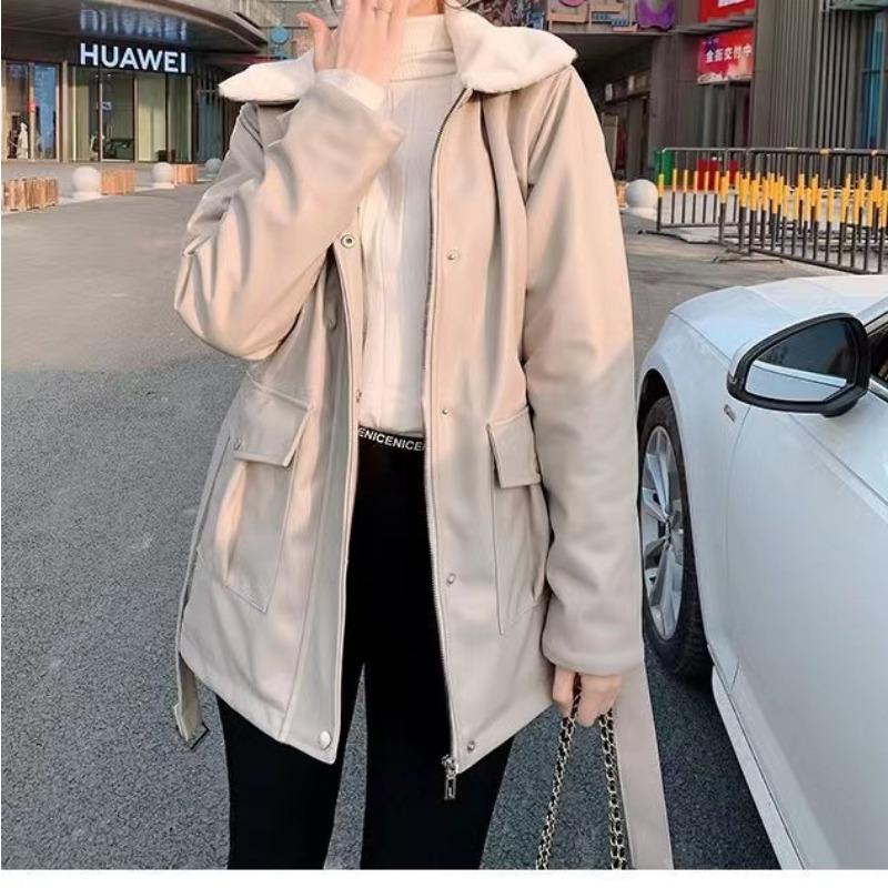 

Женская зимняя куртка из овчины, новая, свободного кроя, бархатная, утолщенная, в стиле ретро, из ПУ, одежда для мотоциклистов XXL хаки