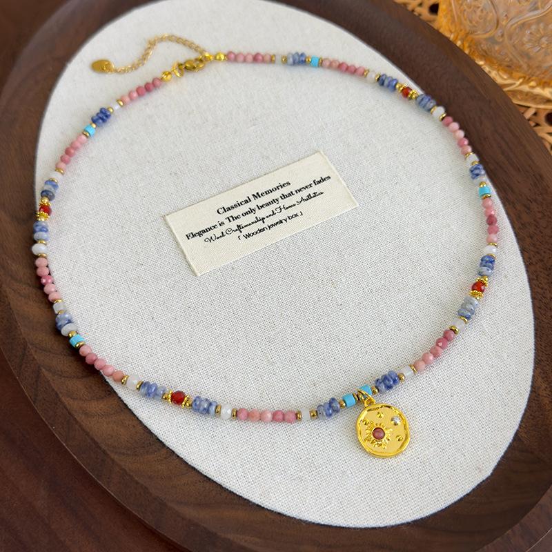 Bohemian Colorful Natural Stone Copper Bead Sun Pendant Necklace Women Gold Plated Alloy Chain Choker 41cm