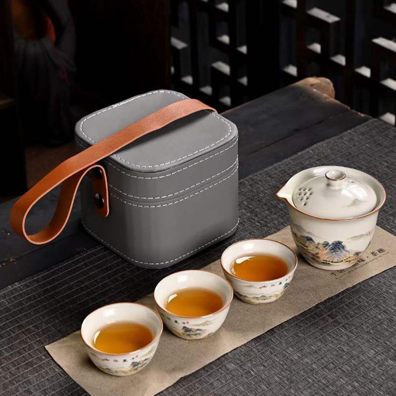 Business Gifts Travel Tea Set Kuaike Cup One Pot Three Cups Portable Cover Bowl Small Set Outdoor Kung Fu Tea Set