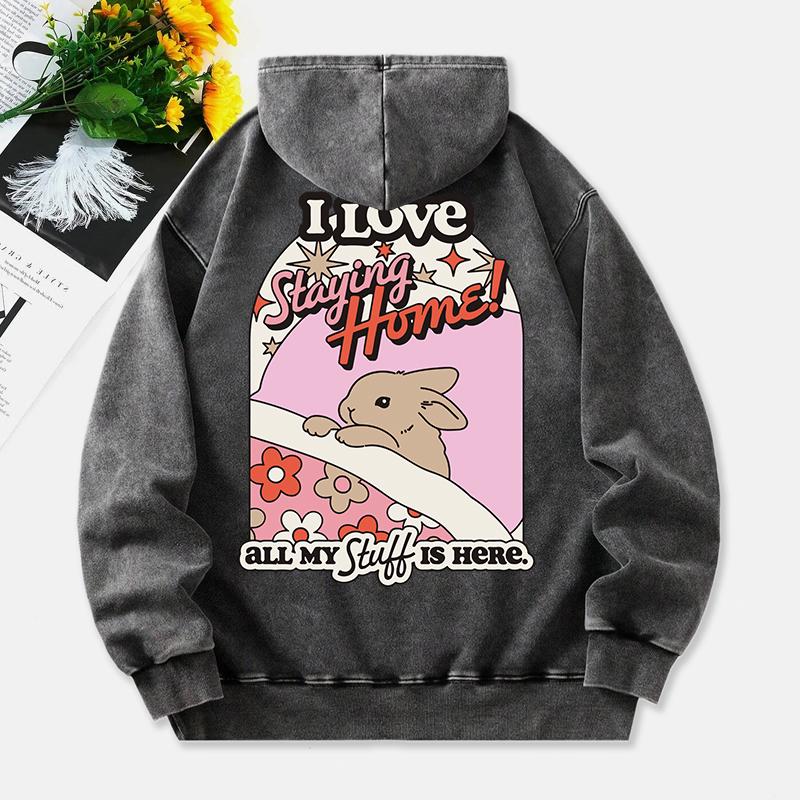 Miluji zůstávat doma Prané mikiny s kapucí Dámské Potisk králíka Bavlna Streetwear Nadměrné Kapsa Teplé Pulovry Oblečení