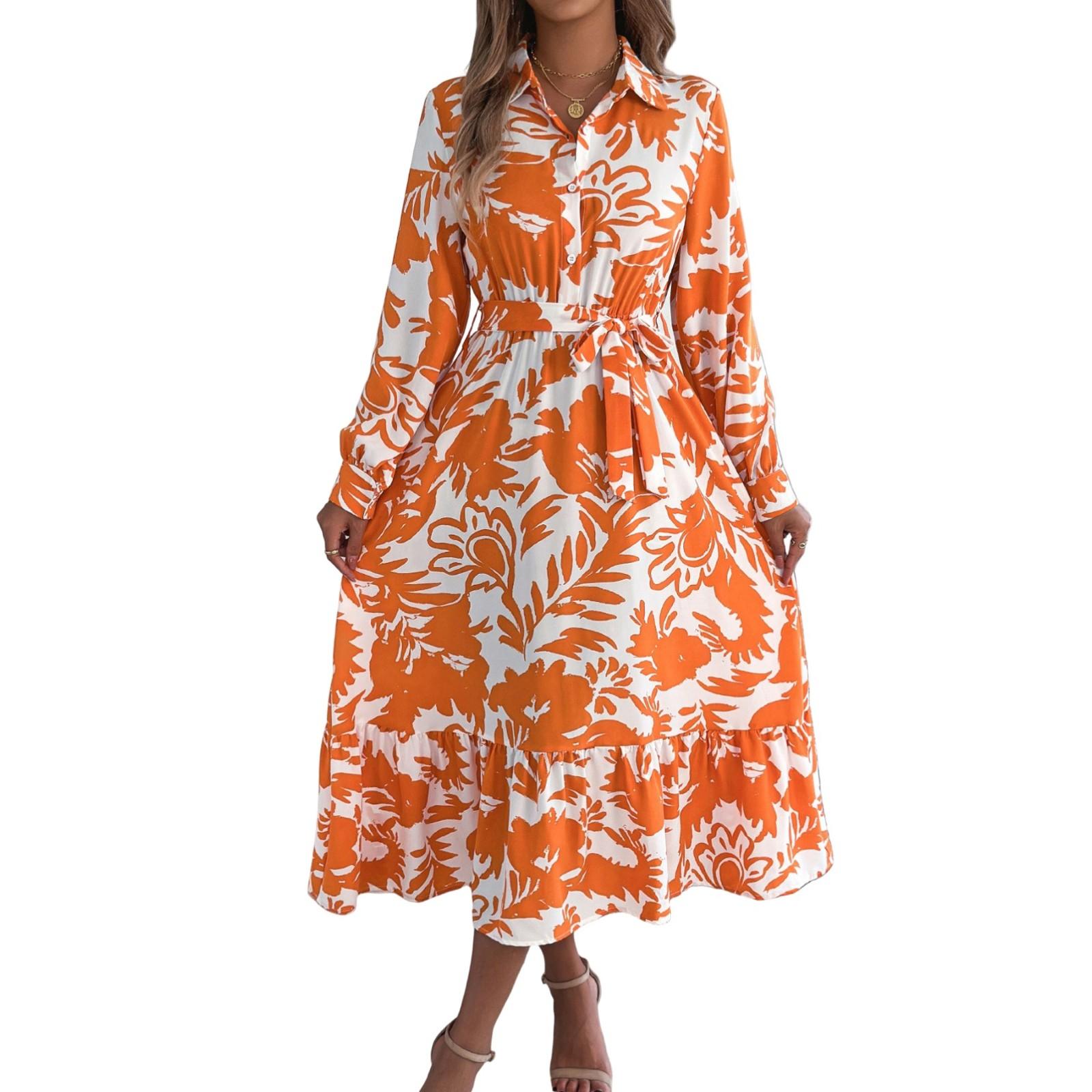 

Женское модное платье-рубашка с цветочным принтом и лацканами, с длинным рукавом и завышенной талией M оранжевый