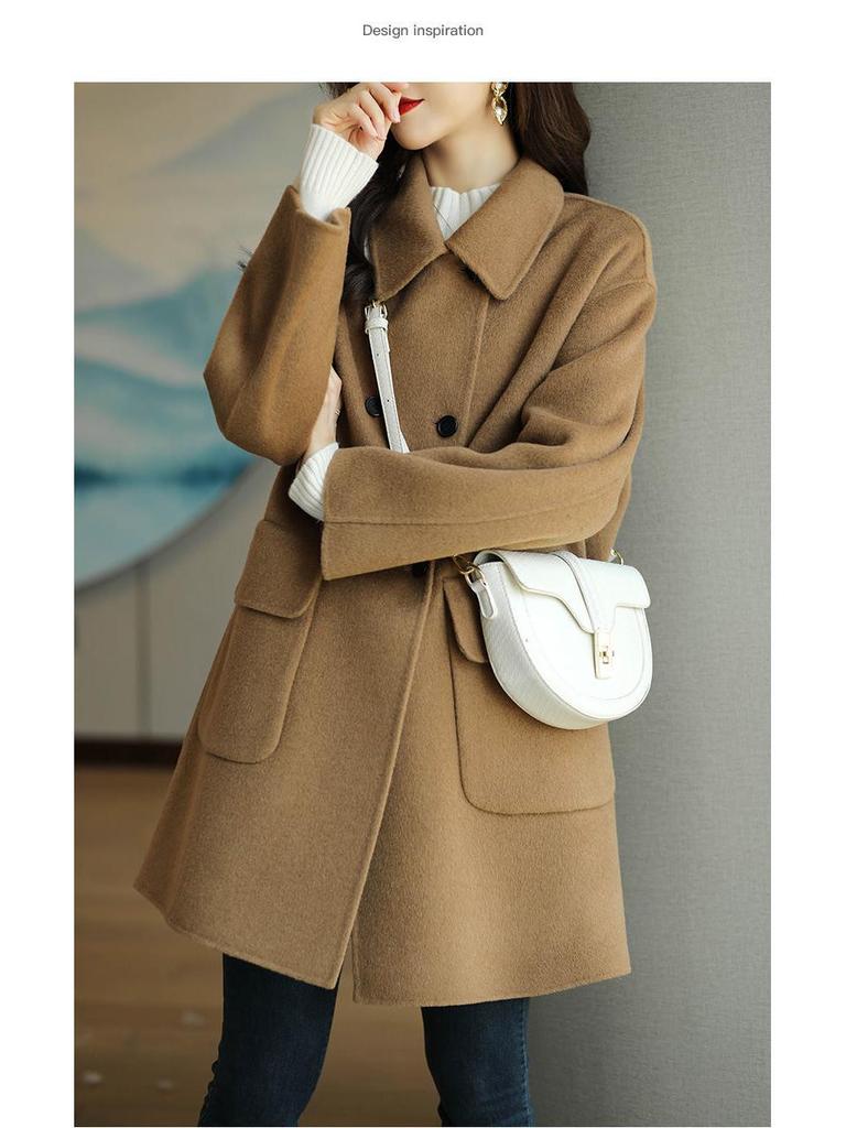 Women's Slim Fit Wool Coat - Coffee Color, Thickened Korean Style for Autumn/Winter 2025, Medium To Long Length