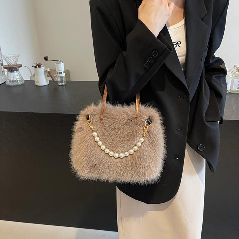 Yogodlns Winter Fashion Faux Fur Crossbody Bags for Women's Gift, Pearl Chain Decor Shoulder Bag, Ladies Handbags Top-handel Bag