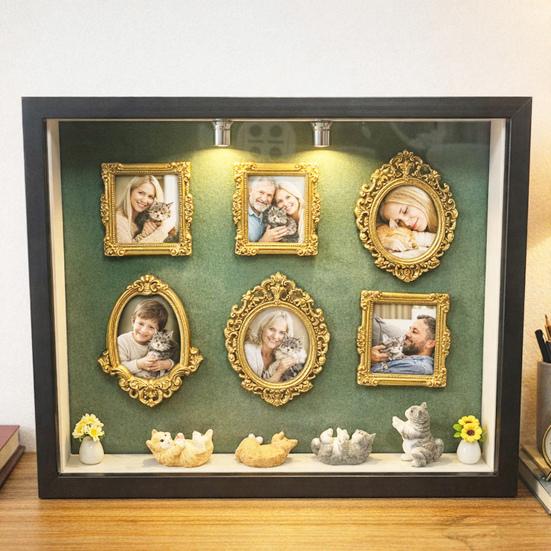 DIY Mini Museum Silhouette Box with Light Family Memory Photo Display Case Kit with 6 Gold Mini Frames 4 Miniature Cats 2 Potted Plants for Cat Lovers