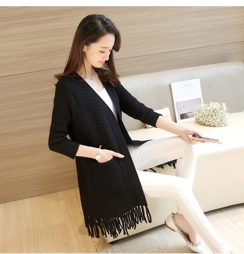 Women's Spring and Autumn Cardigan Loose Mid Length Tassel Knit Sweater Women's Cardigan Sweater Jacket