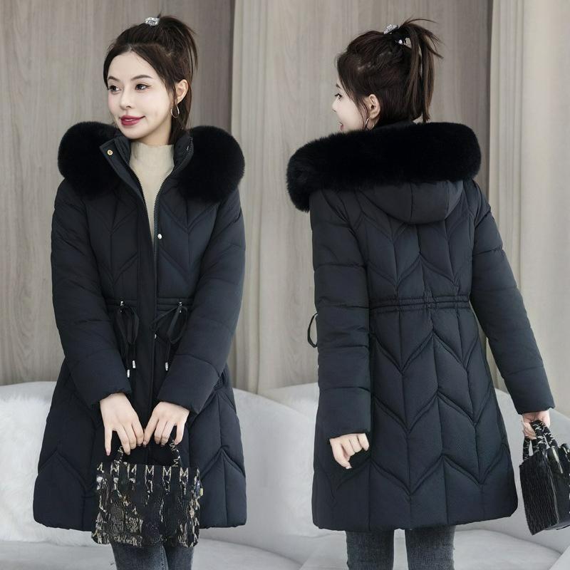 Winter Fashion Big Fur Collar Cotton-padded Jacket, Hooded Cotton-padded Jacket, Mid-length Middle-aged Slim-fit Thick Padded Jacket