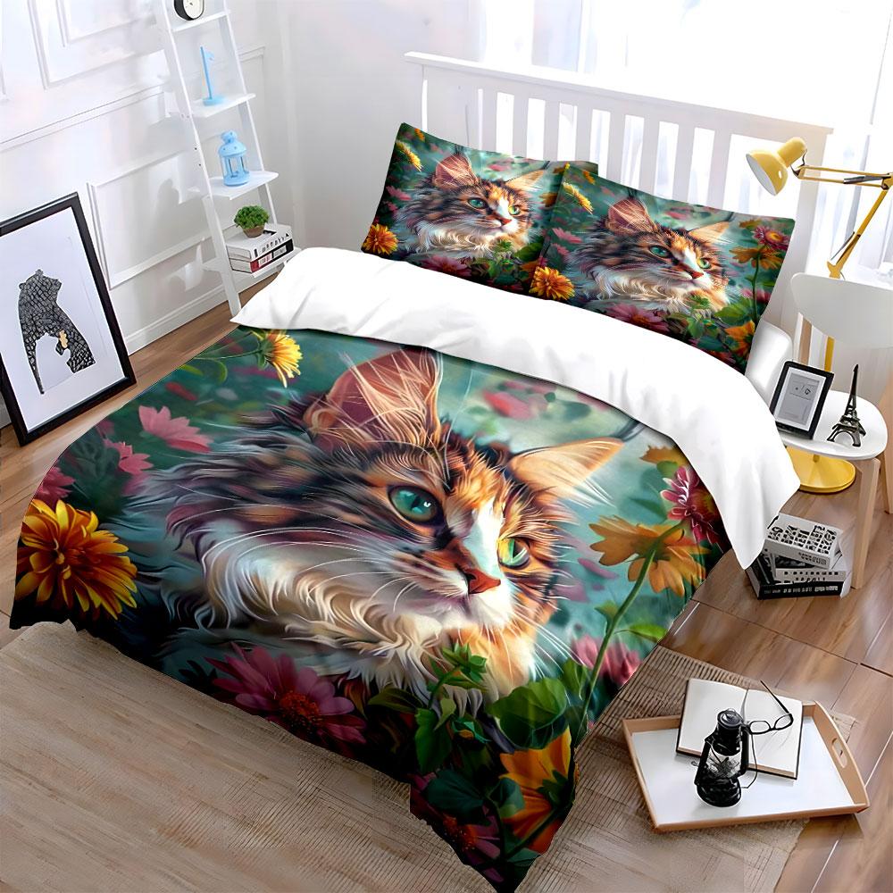 Floral Cat Art Decor Set Soft Skin-Friendly Bedding Set Includes 1 Duvet Cover And 2 Pillowcase Gift